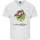 Dripping Rubik Cube Funny Puzzle Mens V-Neck Cotton T-Shirt White