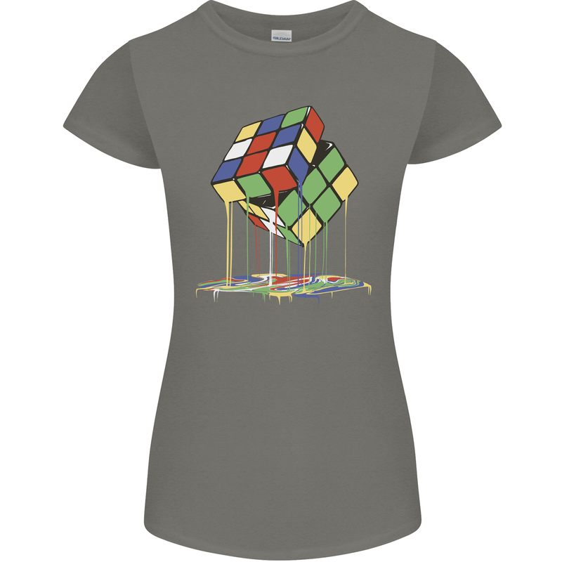 Dripping Rubik Cube Funny Puzzle Womens Petite Cut T-Shirt Charcoal