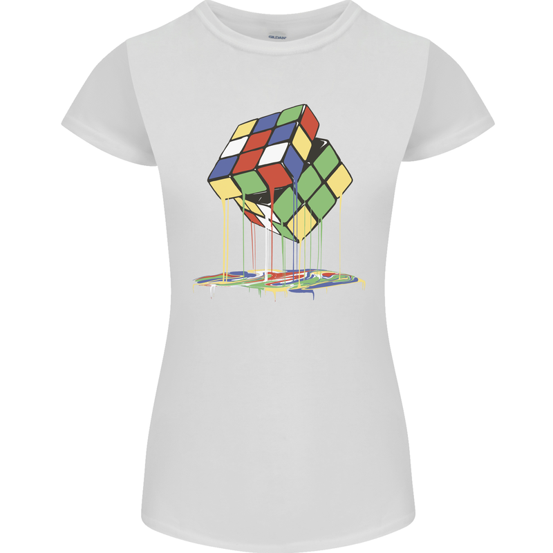 Dripping Rubik Cube Funny Puzzle Womens Petite Cut T-Shirt White