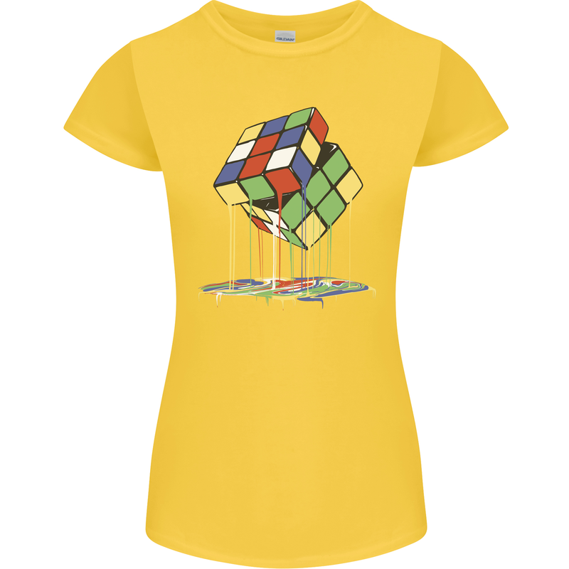 Dripping Rubik Cube Funny Puzzle Womens Petite Cut T-Shirt Yellow