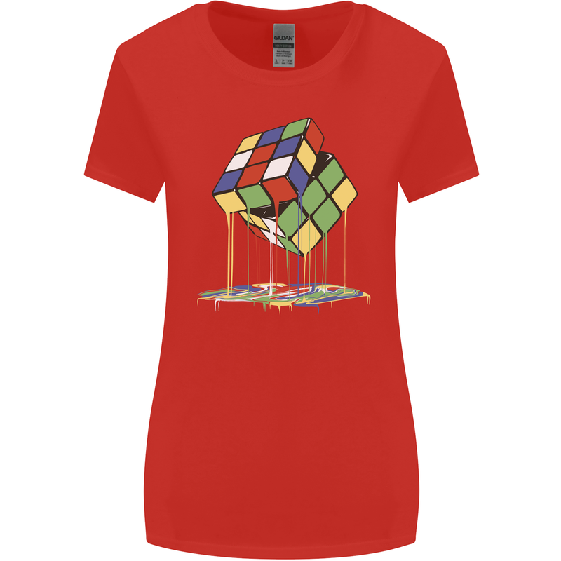 Dripping Rubik Cube Funny Puzzle Womens Wider Cut T-Shirt Red