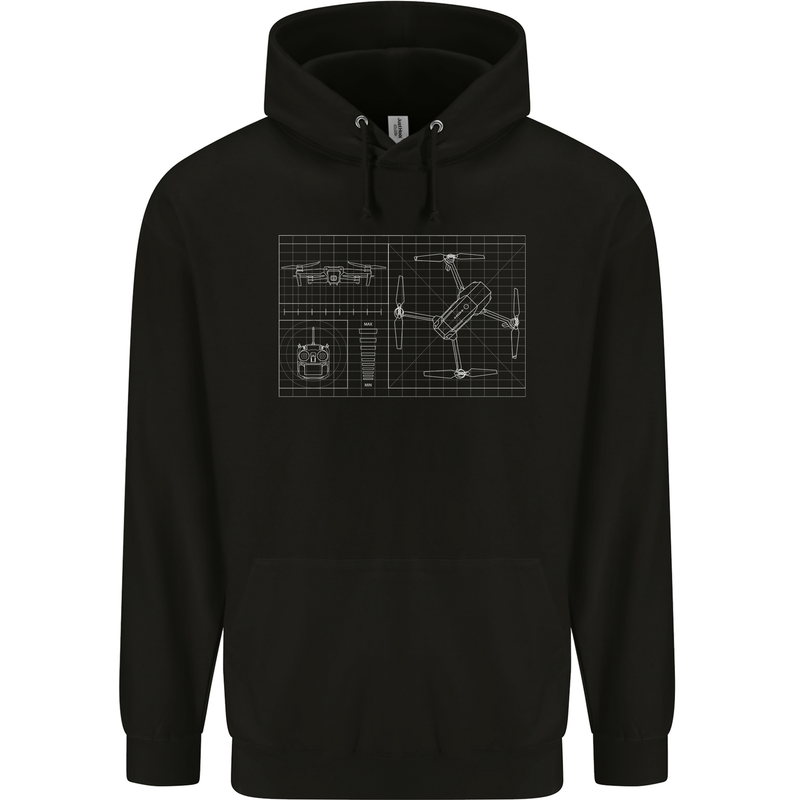 Drone Blueprint Childrens Kids Hoodie Black