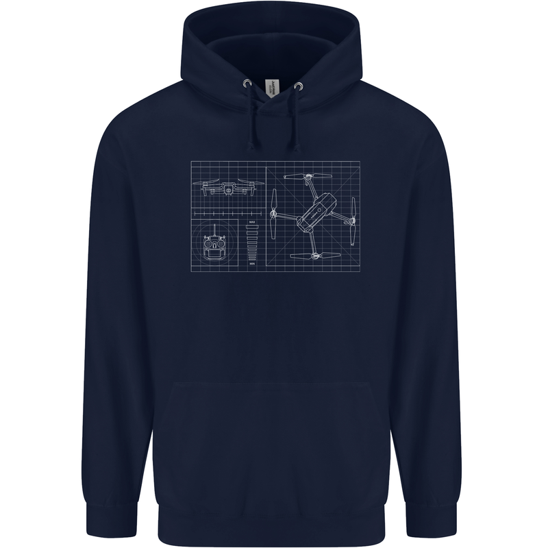 Drone Blueprint Childrens Kids Hoodie Navy Blue