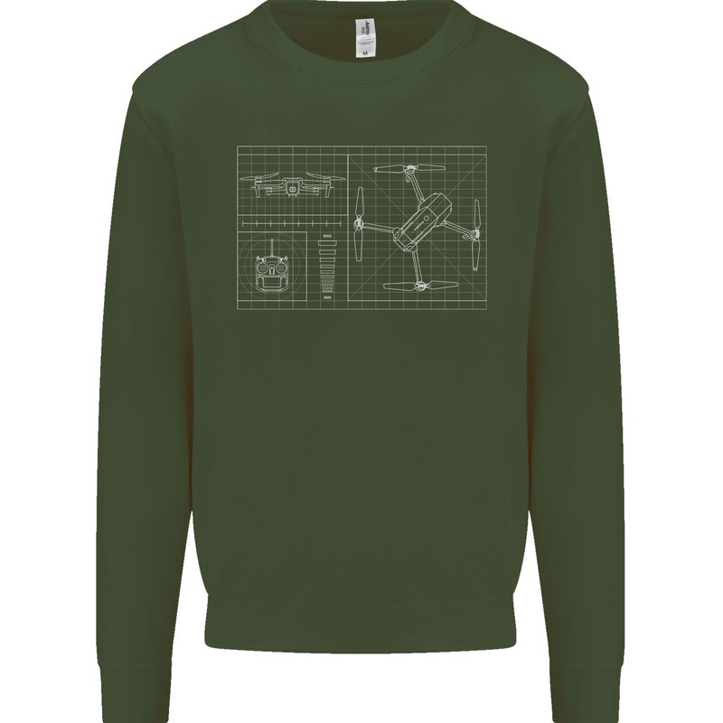 Drone Blueprint Kids Sweatshirt Jumper Forest Green