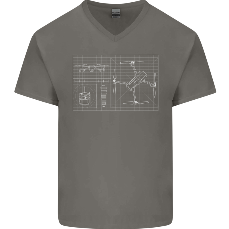 Drone Blueprint Mens V-Neck Cotton T-Shirt Charcoal
