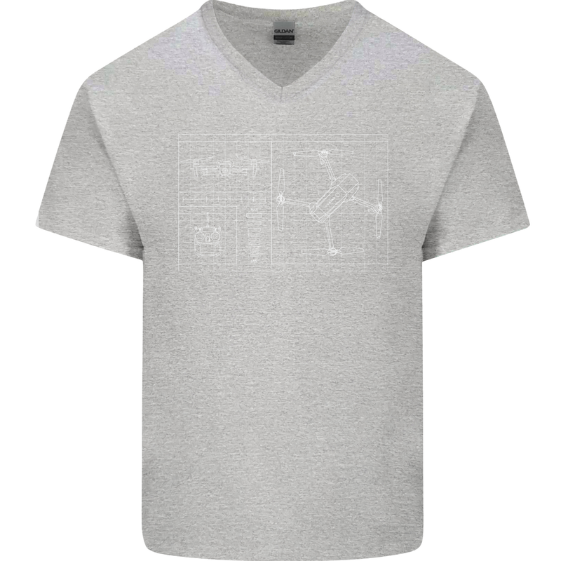 Drone Blueprint Mens V-Neck Cotton T-Shirt Sports Grey