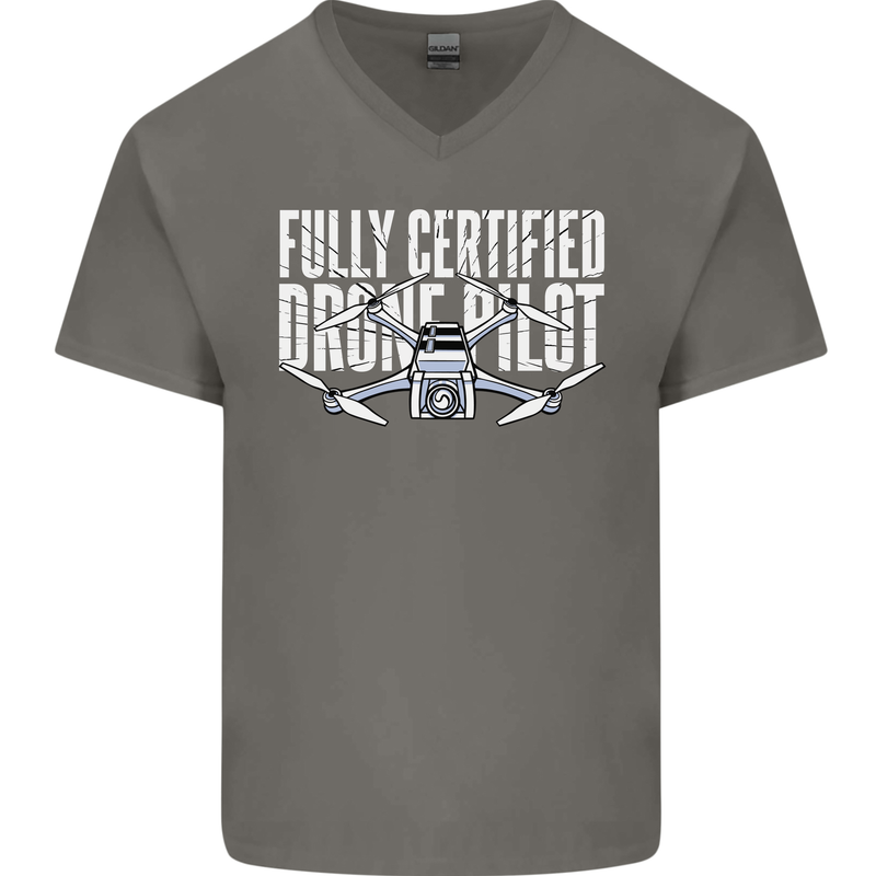 Drone Pilot Mens V-Neck Cotton T-Shirt Charcoal