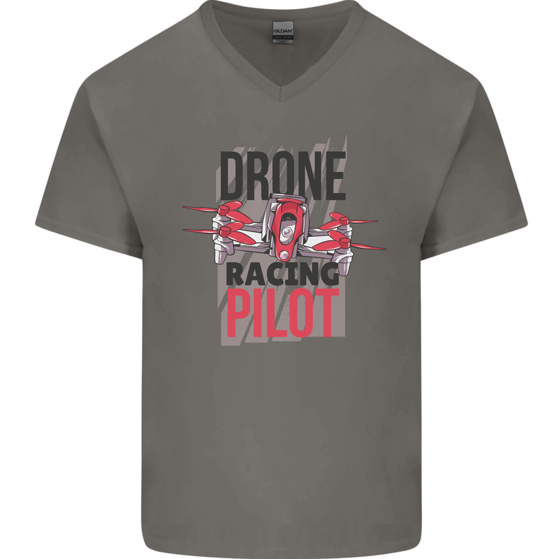 Drone Racing Pilot Mens V-Neck Cotton T-Shirt Charcoal