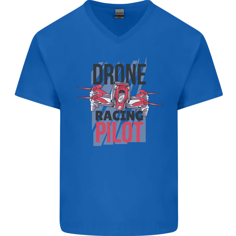 Drone Racing Pilot Mens V-Neck Cotton T-Shirt Royal Blue