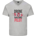 Drone Racing Pilot Mens V-Neck Cotton T-Shirt Sports Grey