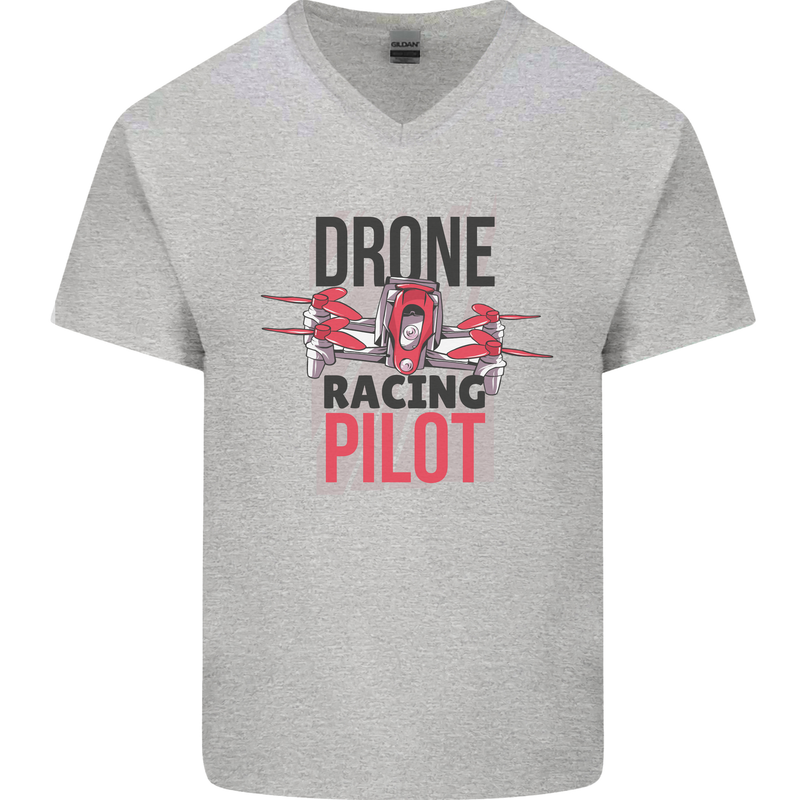 Drone Racing Pilot Mens V-Neck Cotton T-Shirt Sports Grey