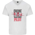 Drone Racing Pilot Mens V-Neck Cotton T-Shirt White