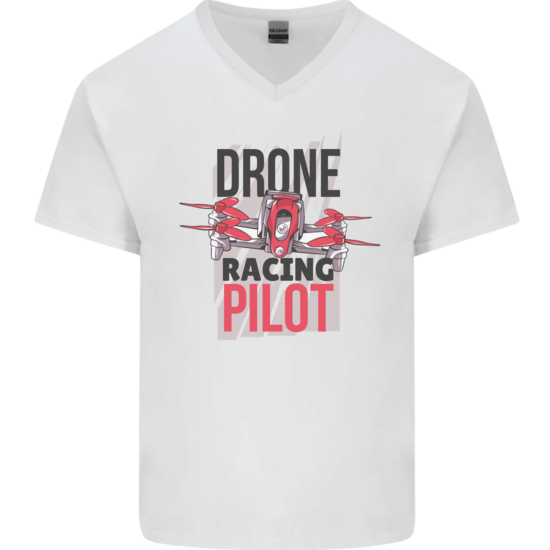 Drone Racing Pilot Mens V-Neck Cotton T-Shirt White