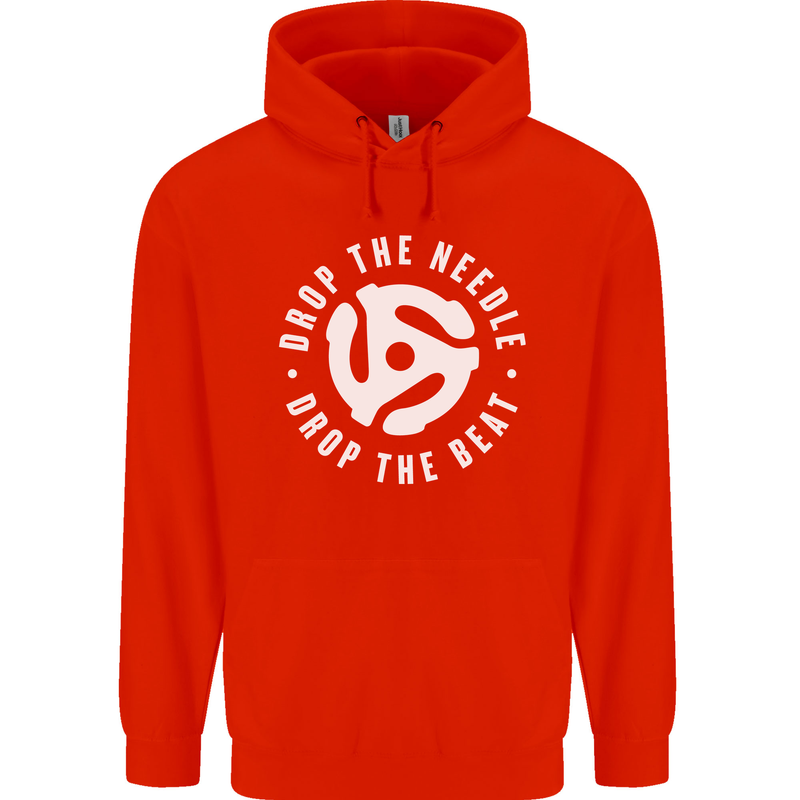 Drop the Needle DJ Turntable Decks Vinyl Childrens Kids Hoodie Bright Red