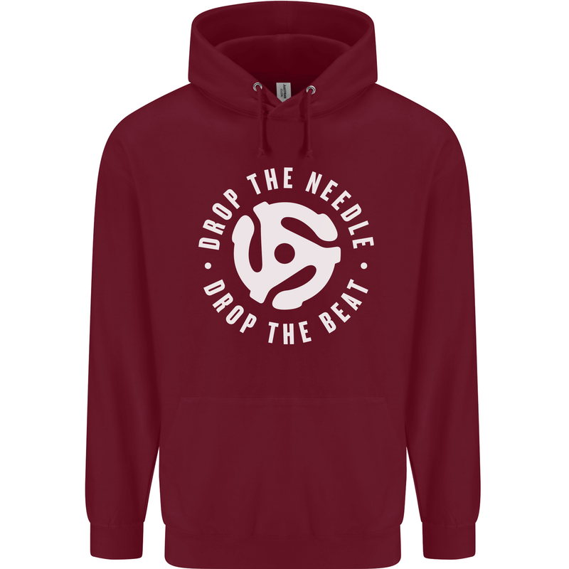 Drop the Needle DJ Turntable Decks Vinyl Childrens Kids Hoodie Maroon