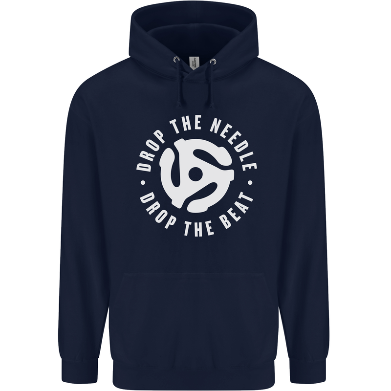 Drop the Needle DJ Turntable Decks Vinyl Childrens Kids Hoodie Navy Blue