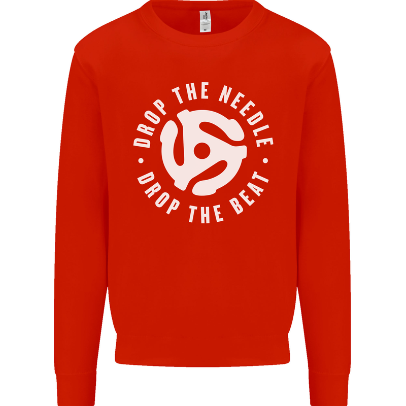 Drop the Needle DJ Turntable Decks Vinyl Kids Sweatshirt Jumper Bright Red
