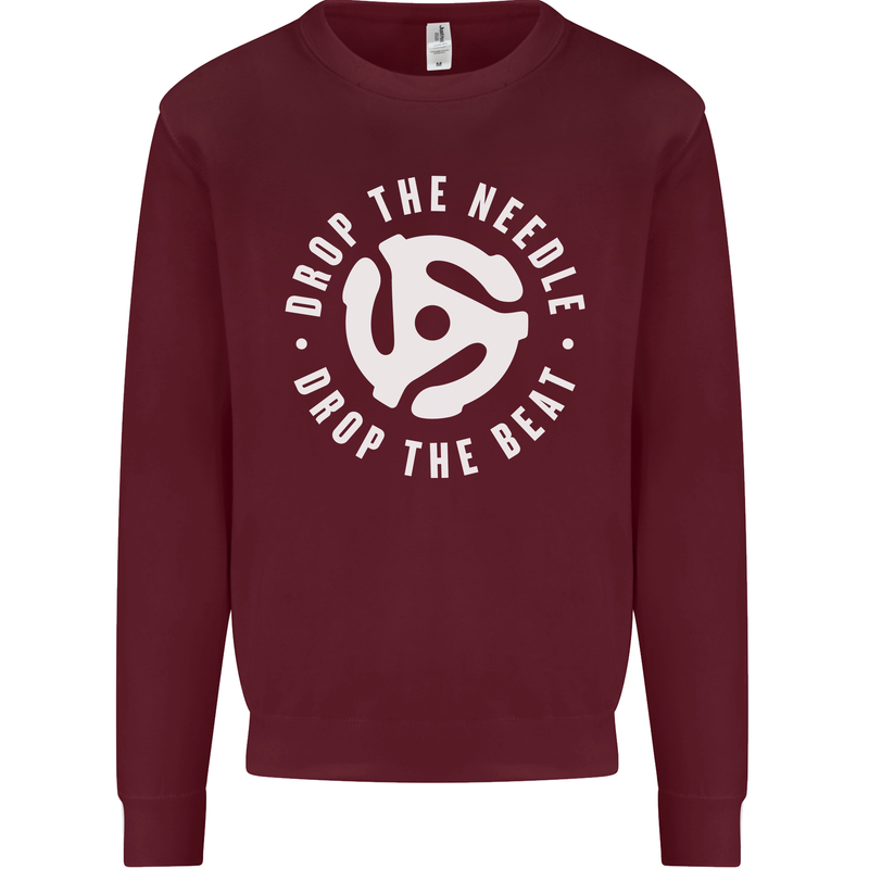 Drop the Needle DJ Turntable Decks Vinyl Kids Sweatshirt Jumper Maroon