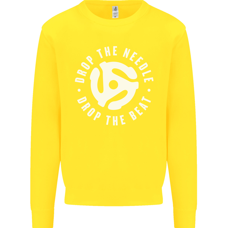 Drop the Needle DJ Turntable Decks Vinyl Kids Sweatshirt Jumper Yellow