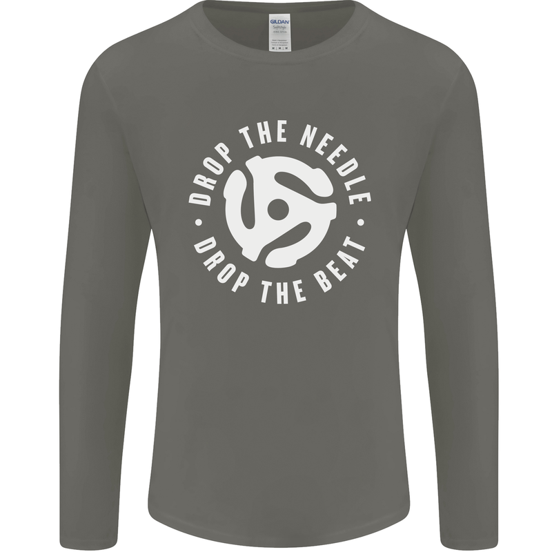 Drop the Needle DJ Turntable Decks Vinyl Mens Long Sleeve T-Shirt Charcoal