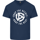 Drop the Needle DJ Turntable Decks Vinyl Mens V-Neck Cotton T-Shirt Navy Blue