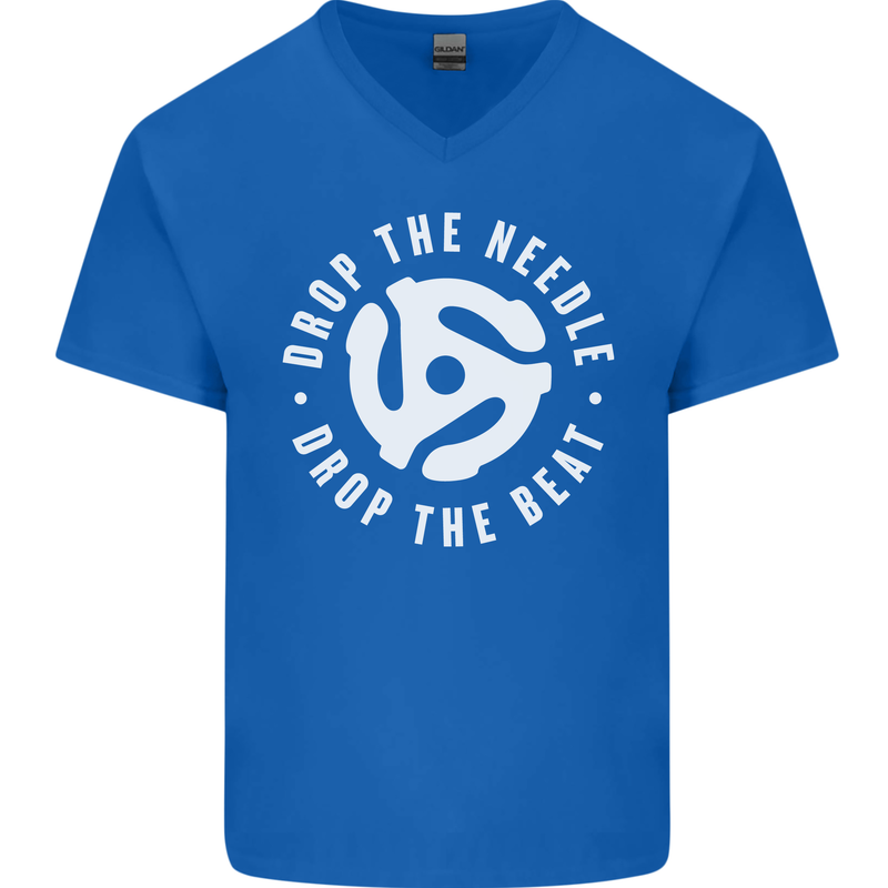 Drop the Needle DJ Turntable Decks Vinyl Mens V-Neck Cotton T-Shirt Royal Blue