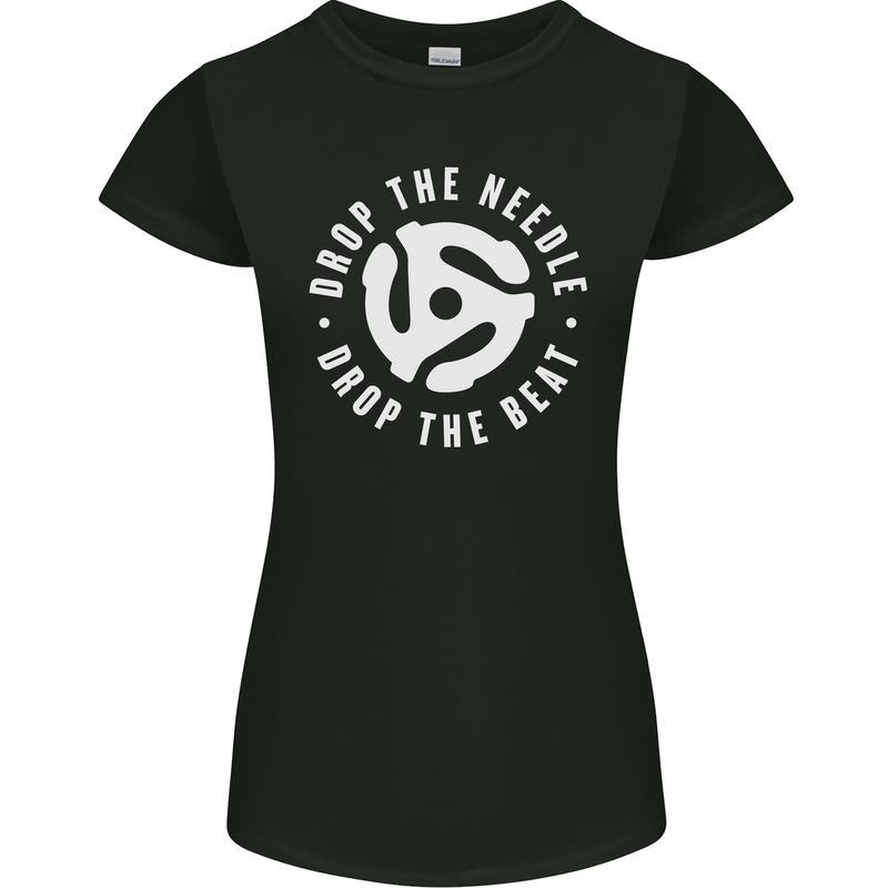 Drop the Needle DJ Turntable Decks Vinyl Womens Petite Cut T-Shirt Black