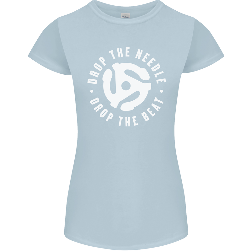 Drop the Needle DJ Turntable Decks Vinyl Womens Petite Cut T-Shirt Light Blue