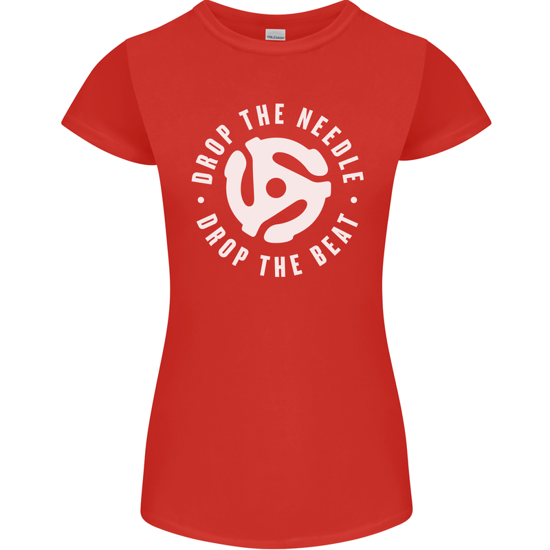 Drop the Needle DJ Turntable Decks Vinyl Womens Petite Cut T-Shirt Red