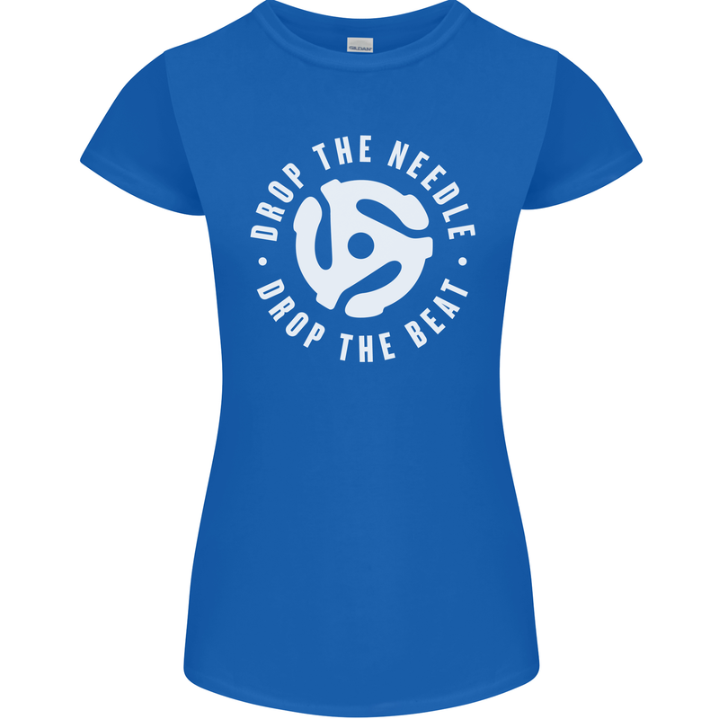 Drop the Needle DJ Turntable Decks Vinyl Womens Petite Cut T-Shirt Royal Blue