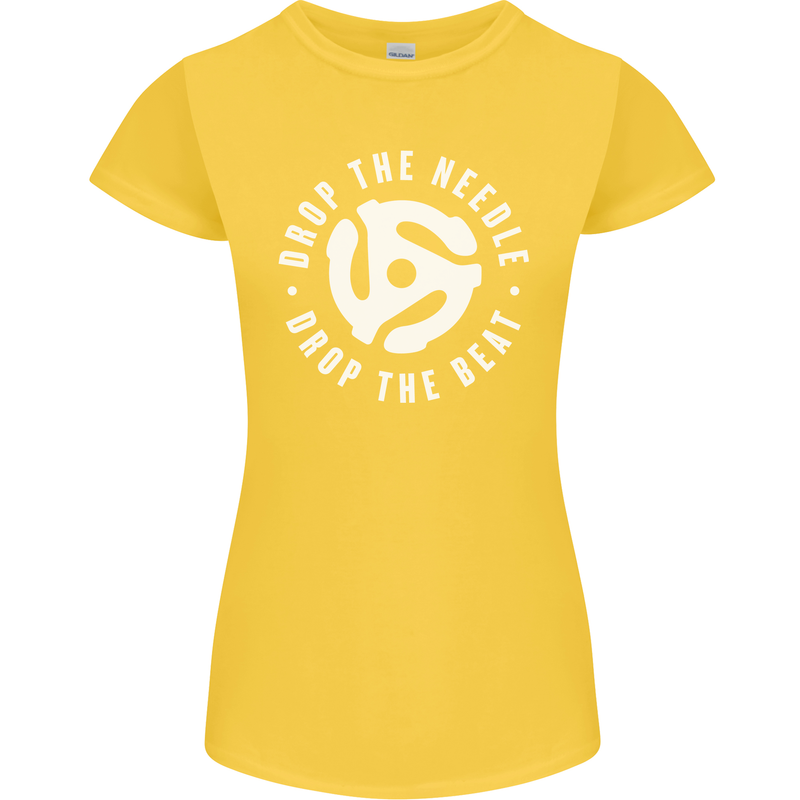 Drop the Needle DJ Turntable Decks Vinyl Womens Petite Cut T-Shirt Yellow