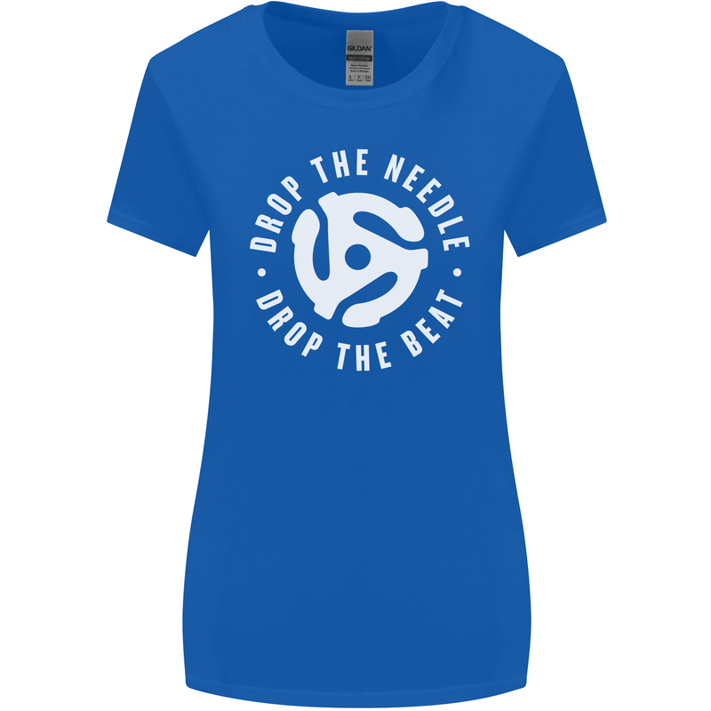 Drop the Needle DJ Turntable Decks Vinyl Womens Wider Cut T-Shirt Royal Blue
