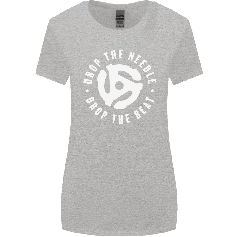 Drop the Needle DJ Turntable Decks Vinyl Womens Wider Cut T-Shirt Sports Grey