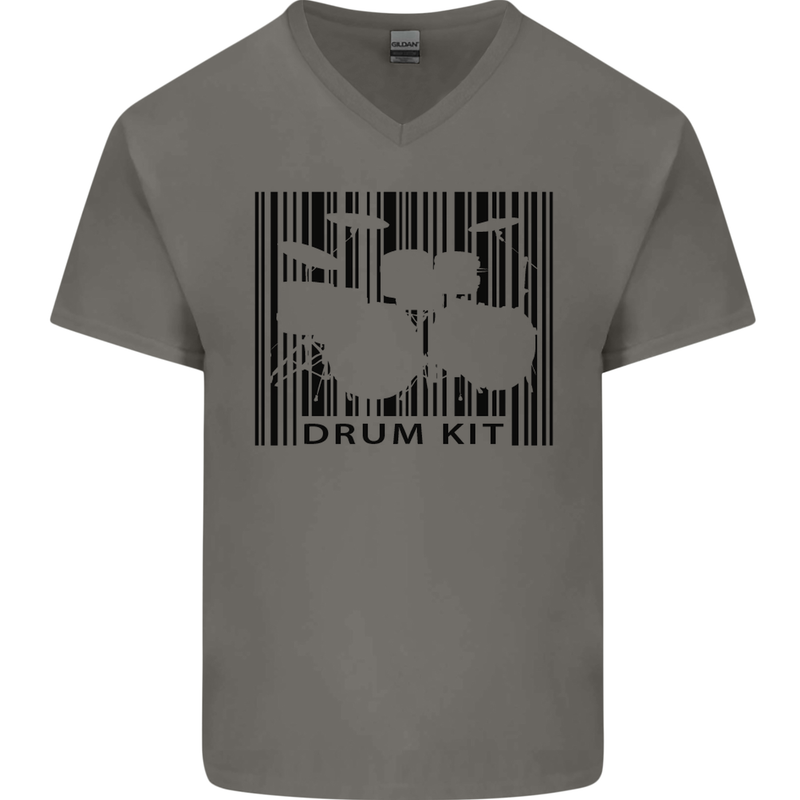 Drum Kit Barcode Drummer Drumming Mens V-Neck Cotton T-Shirt Charcoal