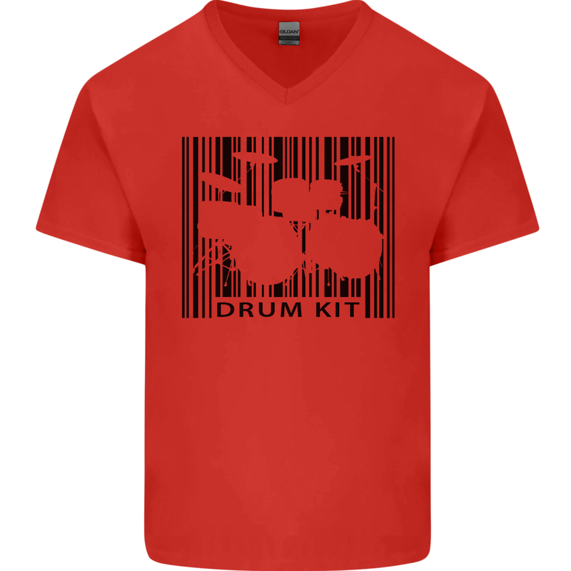 Drum Kit Barcode Drummer Drumming Mens V-Neck Cotton T-Shirt Red