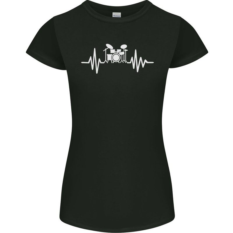 Drum Kit Pulse ECG Drum Drummer Drumming Womens Petite Cut T-Shirt Black