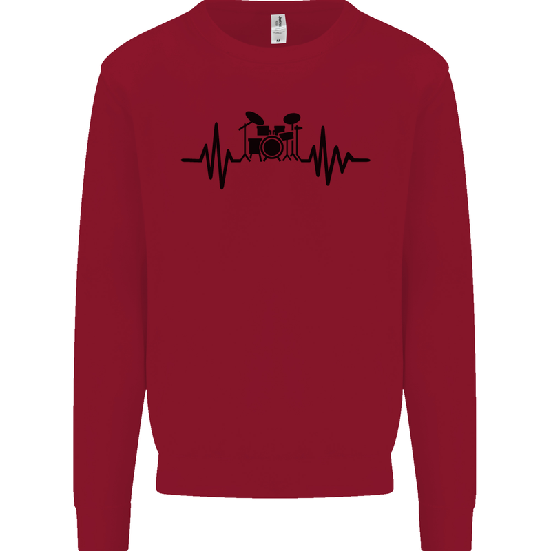 Drum Kit Pulse ECG Drummer Drumming Drum Kids Sweatshirt Jumper Red