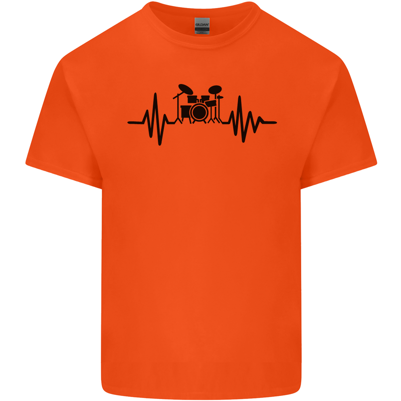 Drum Kit Pulse ECG Drummer Drumming Drum Mens Cotton T-Shirt Tee Top Orange
