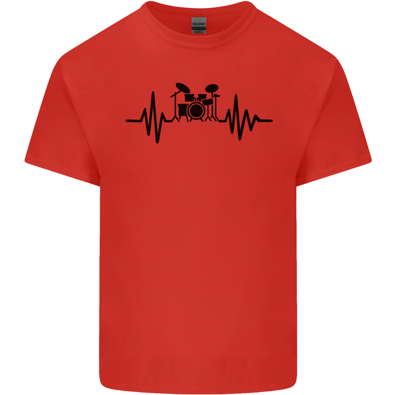 Drum Kit Pulse ECG Drummer Drumming Drum Mens Cotton T-Shirt Tee Top Red