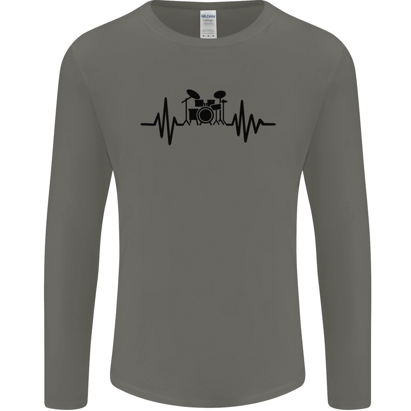 Drum Kit Pulse ECG Drummer Drumming Drum Mens Long Sleeve T-Shirt Charcoal