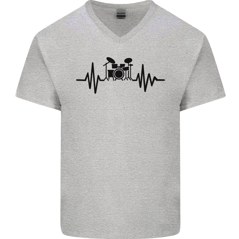 Drum Kit Pulse ECG Drummer Drumming Drum Mens V-Neck Cotton T-Shirt Sports Grey