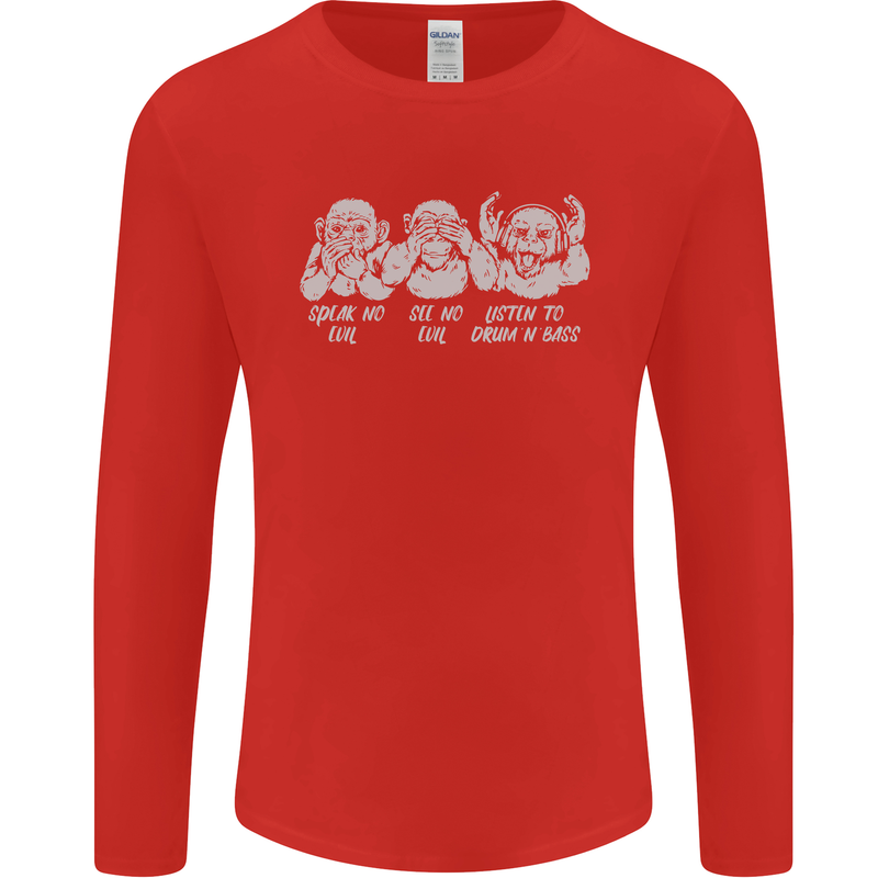 Drum and Bass Monkeys DJ Headphones Music Mens Long Sleeve T-Shirt Red