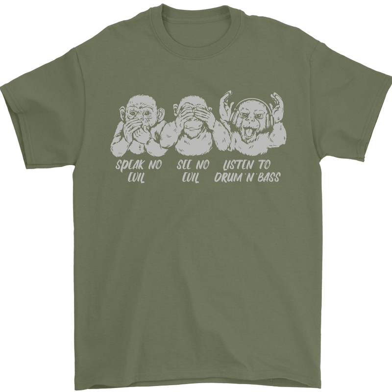 Drum and Bass Monkeys DJ Headphones Music Mens T-Shirt 100% Cotton Military Green