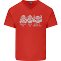 Drum and Bass Monkeys DJ Headphones Music Mens V-Neck Cotton T-Shirt Red