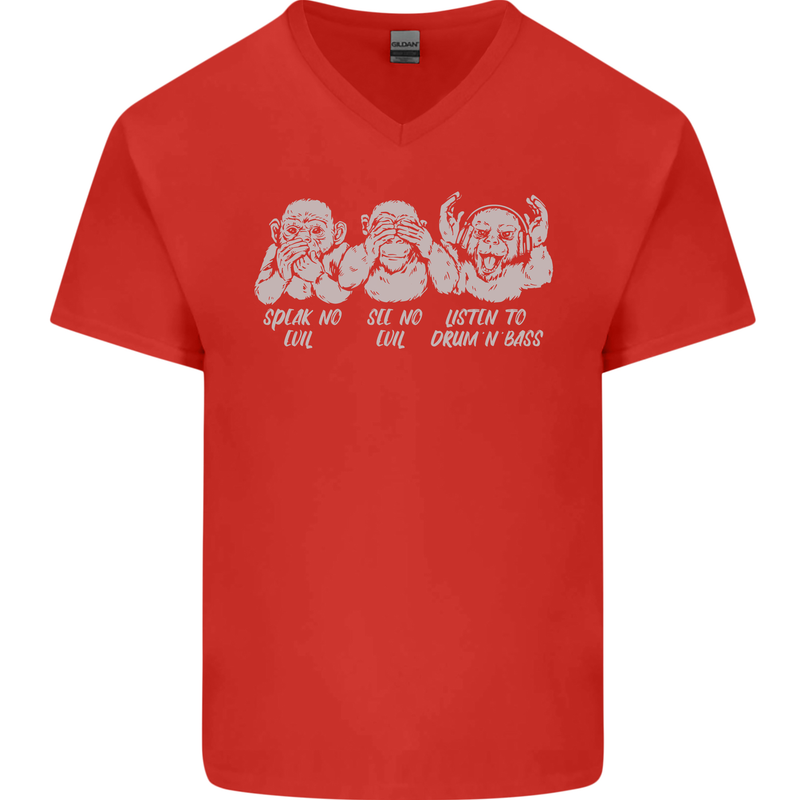 Drum and Bass Monkeys DJ Headphones Music Mens V-Neck Cotton T-Shirt Red