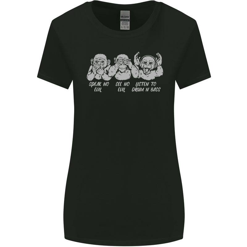 Drum and Bass Monkeys DJ Headphones Music Womens Wider Cut T-Shirt Black