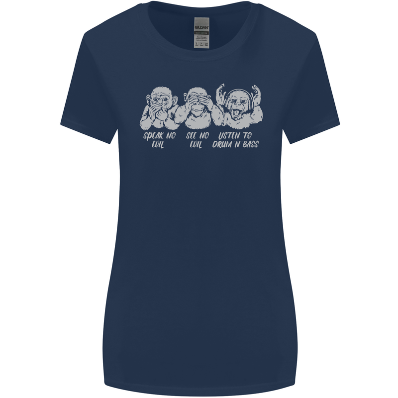 Drum and Bass Monkeys DJ Headphones Music Womens Wider Cut T-Shirt Navy Blue