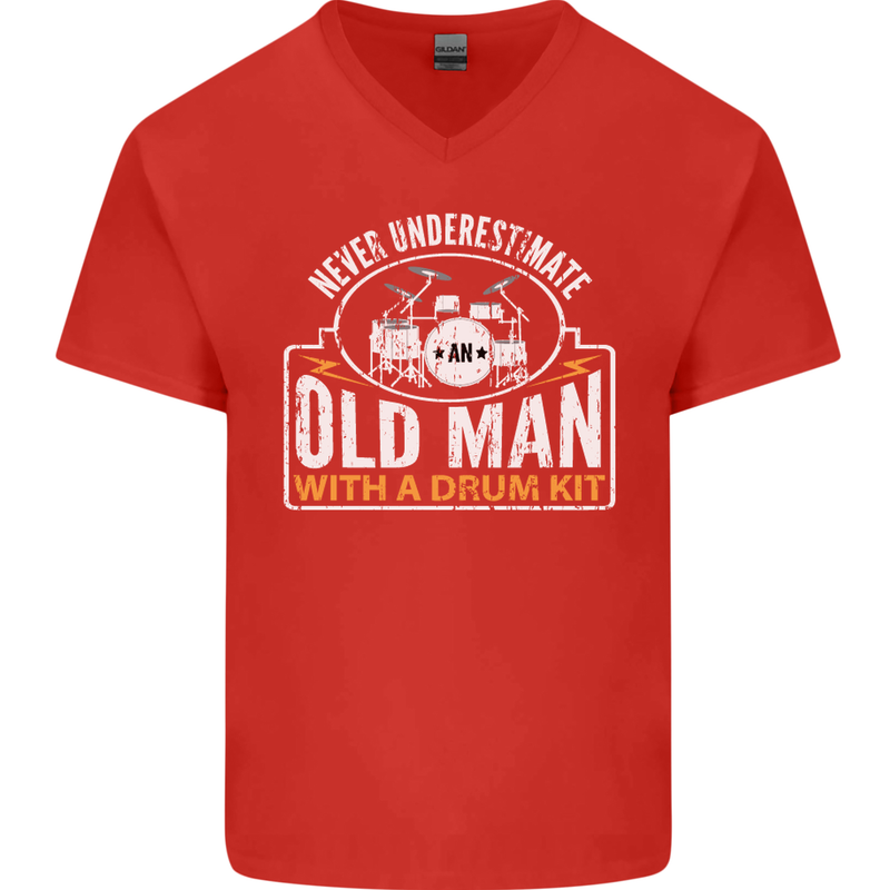 Drumming An Old Man Drummer Drum Funny Mens V-Neck Cotton T-Shirt Red