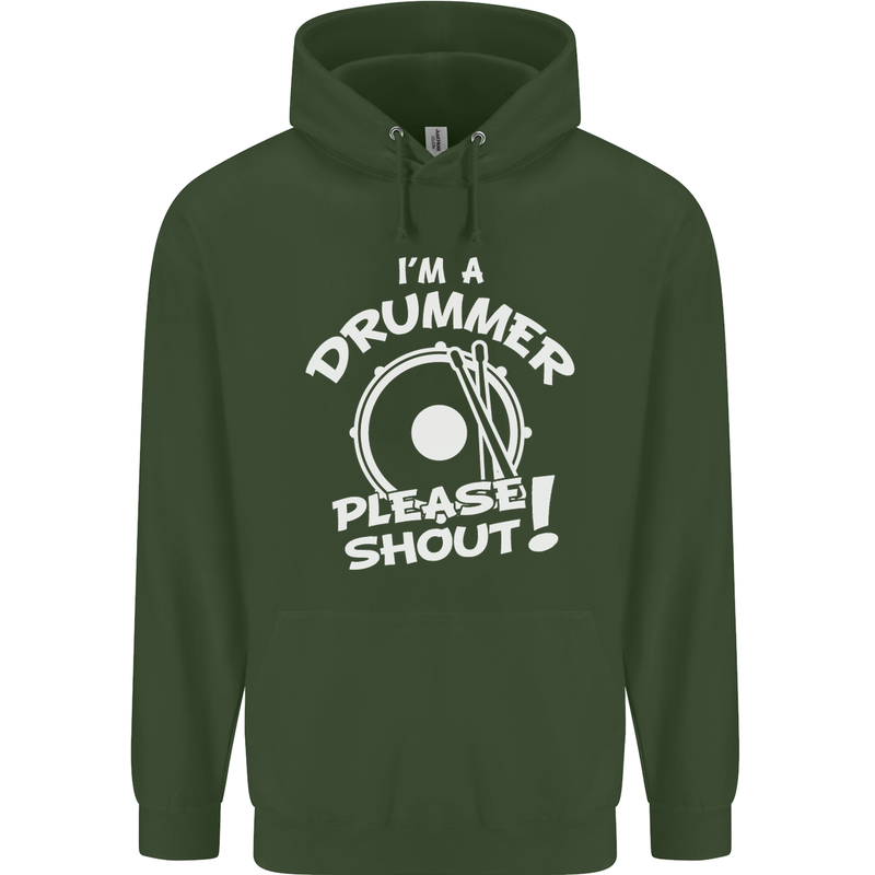 Drumming I'm a Drummer Please Shout Funny Childrens Kids Hoodie Forest Green