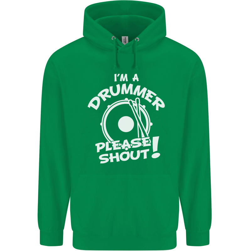 Drumming I'm a Drummer Please Shout Funny Childrens Kids Hoodie Irish Green